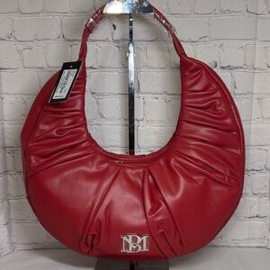 Badgley Mischka Red Vegan Leather Crescent Pleats Shoulder Bag
